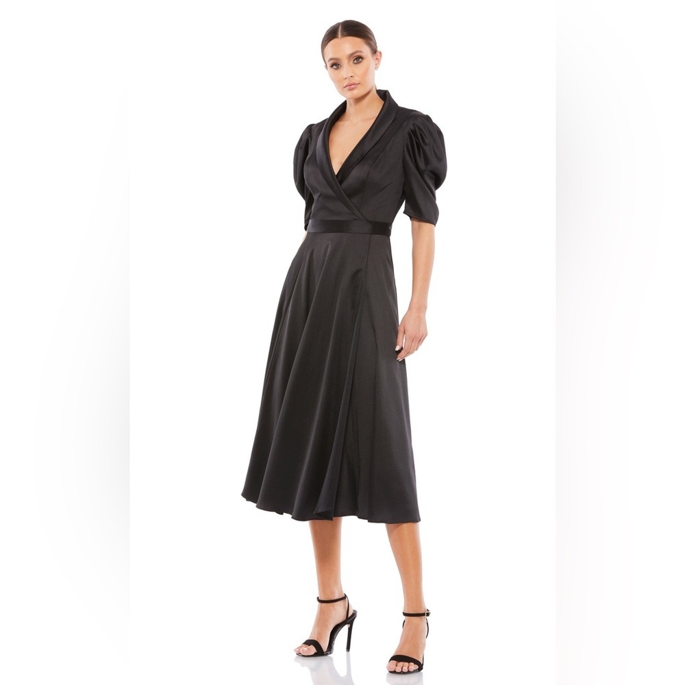 NWT Mac Duggal Black Puff Sleeve V-Neck Satin Collared A-line Midi Dress, size 0